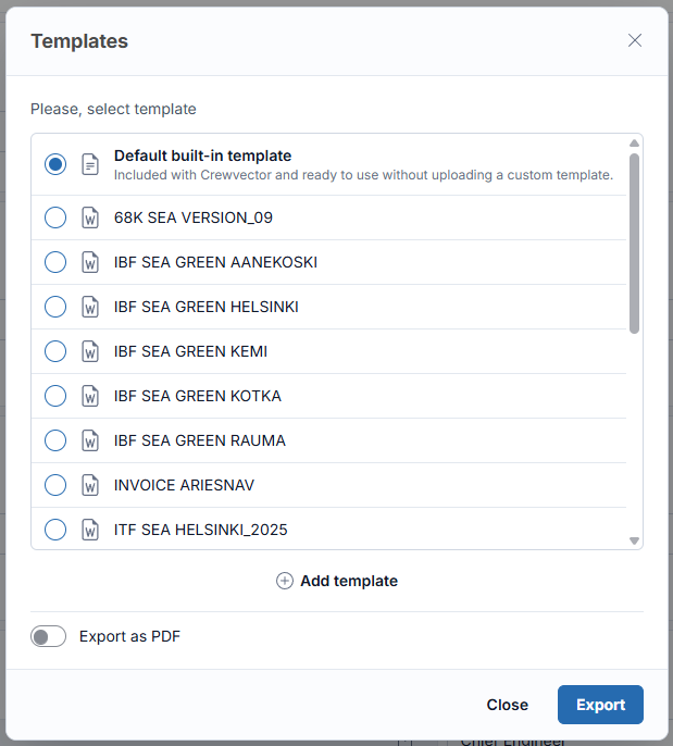 Templates dialog with Default built-in template selected