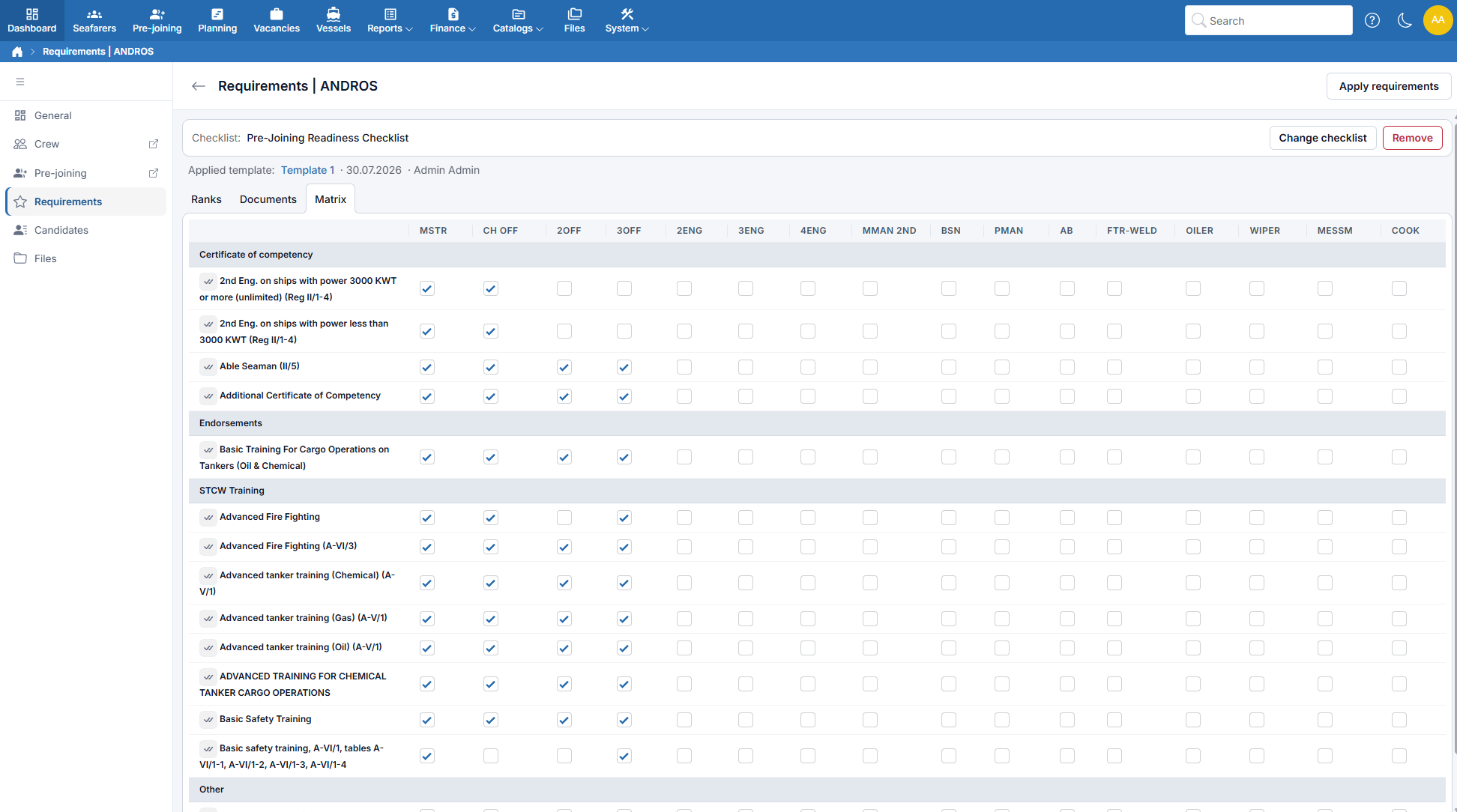 Vessel requirements with a default checklist