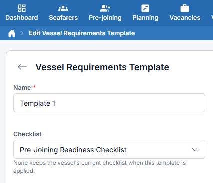 Vessel Requirements Template with Checklist selected